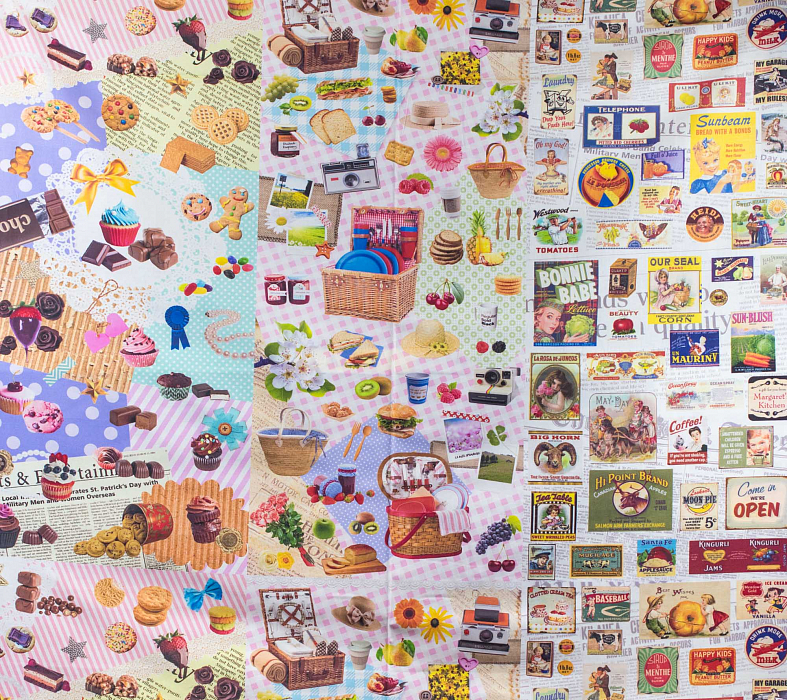 Ткань хлопок пэчворк разноцветные, надписи детская тематика еда и напитки необычные, ALFA Z DIGITAL (арт. AL-Z1021)