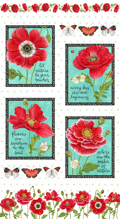 Ткань хлопок пэчворк красный белый бирюзовый, надписи птицы и бабочки цветы, Henry Glass (арт. 237079)