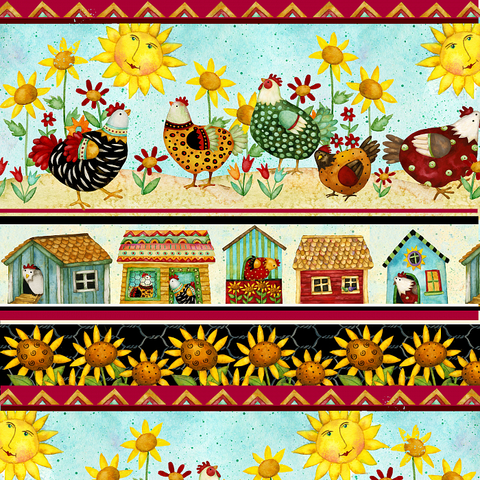 Ткань хлопок пэчворк разноцветные, птицы и бабочки ферма, Henry Glass (арт. 237035)