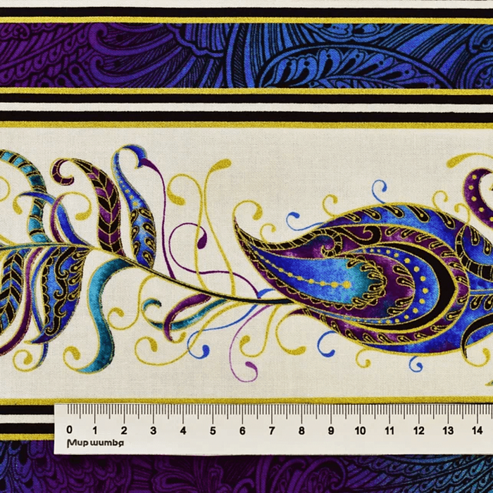Ткань хлопок пэчворк белый синий фиолетовый золото черный, птицы и бабочки бордюры фактура флора металлик, Benartex (арт. 10226M-90)