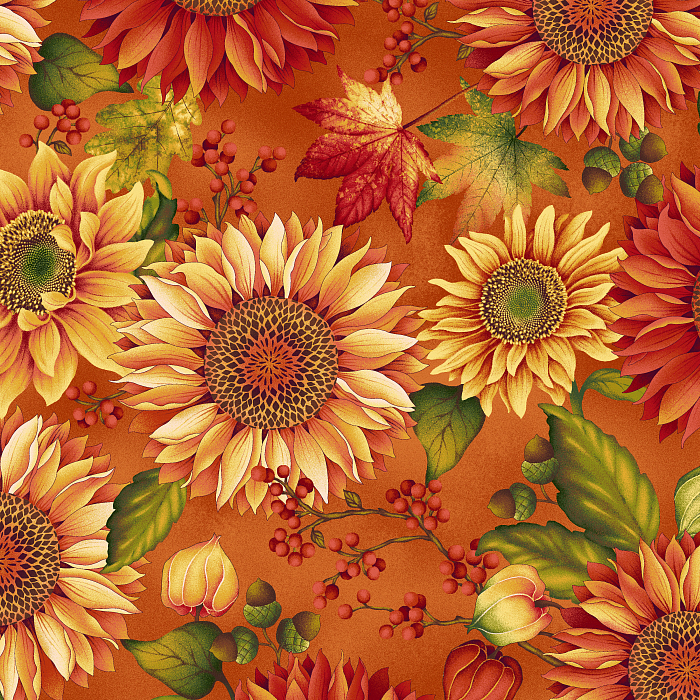 Ткань хлопок пэчворк разноцветные оранжевый, цветы осень, Henry Glass (арт. 249455)