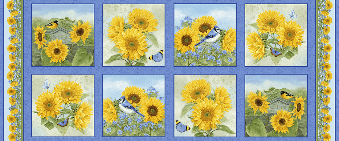 Ткань хлопок пэчворк желтый голубой, птицы и бабочки цветы, Henry Glass (арт. 1377-74)