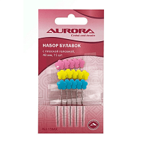 Булавки портновские Aurora AU-15MX с плоской головкой в виде цветочка 48 мм 15 шт.