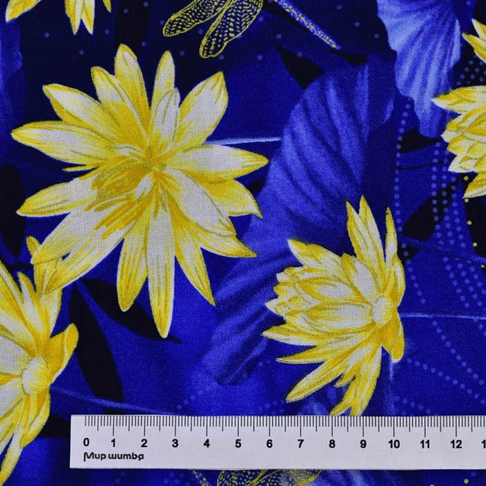 Ткань хлопок пэчворк синий золото голубой, птицы и бабочки полоски цветы металлик, Benartex (арт. 9754M-53)