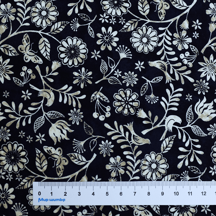 Ткань хлопок пэчворк черный, птицы и бабочки цветы флора, Studio E (арт. 5460-99)