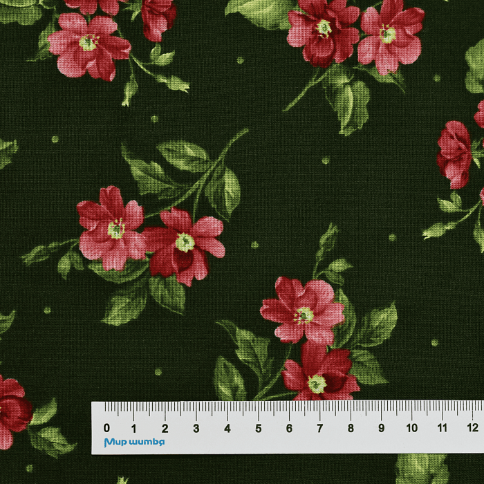 Ткань хлопок пэчворк зеленый, цветы горох и точки флора, Maywood Studio (арт. MAS9853-G)