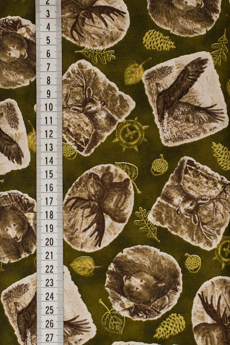 Ткань хлопок пэчворк коричневый болотный, птицы и бабочки фактура животные природа, ALFA (арт. 232203)