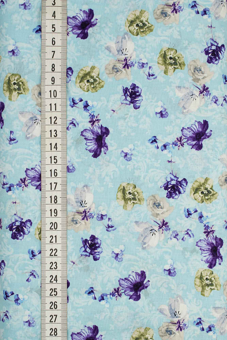 Ткань хлопок пэчворк белый голубой сиреневый, цветы, ALFA (арт. 229537)
