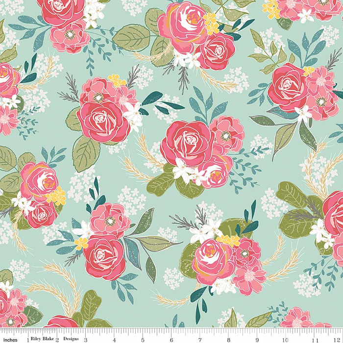 Ткань хлопок пэчворк бирюзовый, цветы, Riley Blake (арт. C7120-MINT)