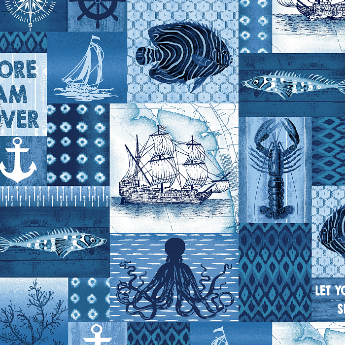 Ткань хлопок пэчворк синий голубой, морская тематика, Studio E (арт. 3991-77)