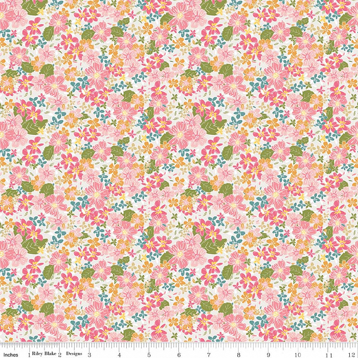 Ткань хлопок пэчворк зеленый розовый, мелкий цветочек цветы, Riley Blake (арт. 253657)