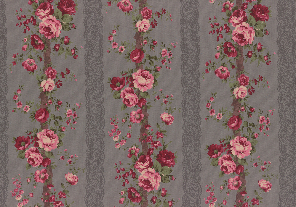 Ткань хлопок пэчворк серый, полоски цветы бордюры розы, Lecien (арт. 240887)