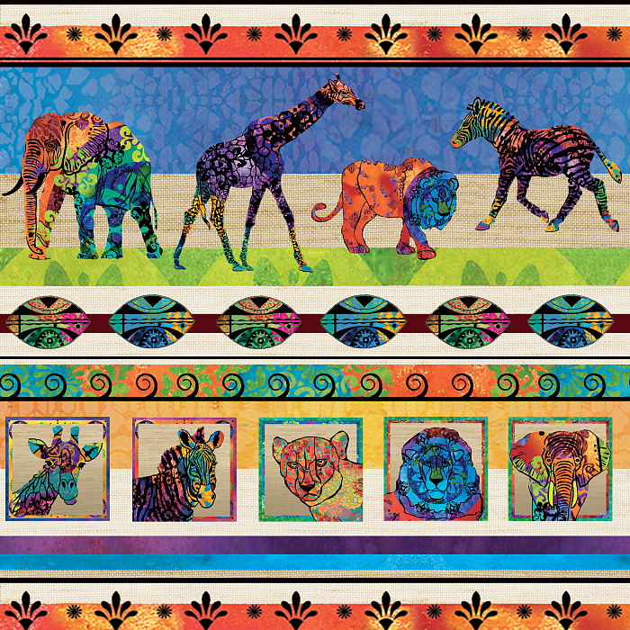 Ткань хлопок пэчворк разноцветные, бордюры животные, Henry Glass (арт. 237092)