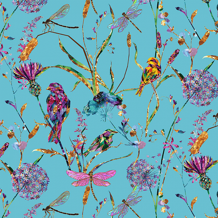 Ткань хлопок пэчворк бирюзовый, птицы и бабочки цветы флора, Blank Quilting (арт. 1636-74)
