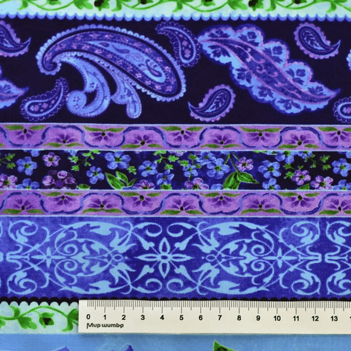 Ткань хлопок пэчворк синий, цветы бордюры пейсли, Blank Quilting (арт. 1422-70)