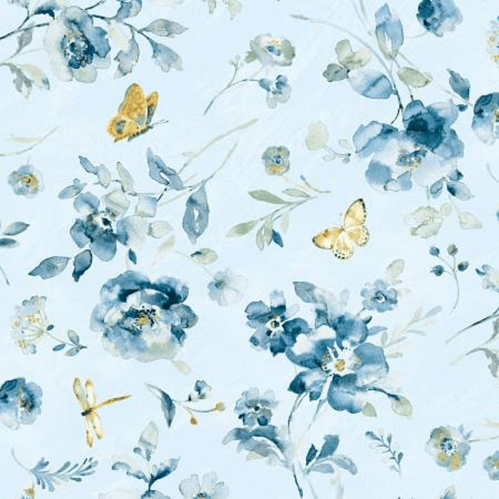 Ткань хлопок пэчворк голубой, птицы и бабочки цветы, Wilmington Prints (арт. 1077-89247-405)