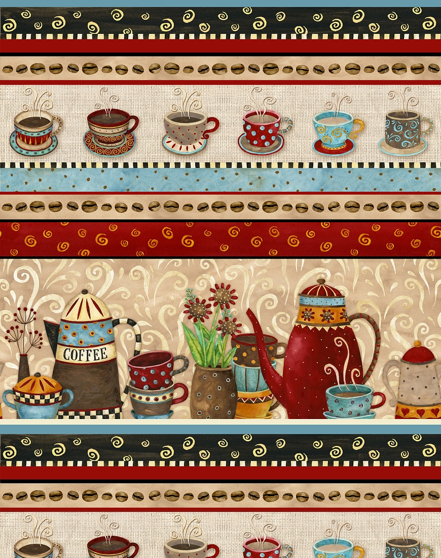 Ткань хлопок для пэчворка разноцветные, полоски бордюры кухонная утварь, Henry Glass (арт. 212544)