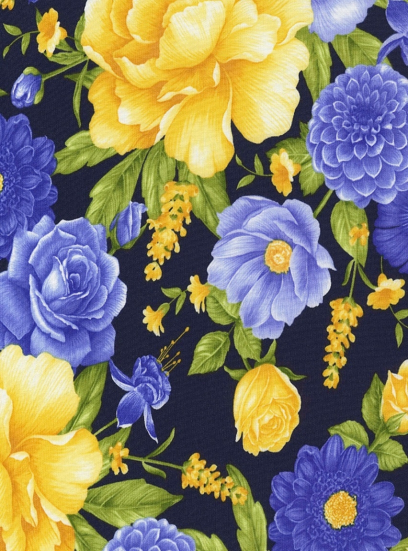 Ткань хлопок для пэчворка желтый, цветы, Timeless Treasures (арт. ANGELICA-C6359 NAVY)