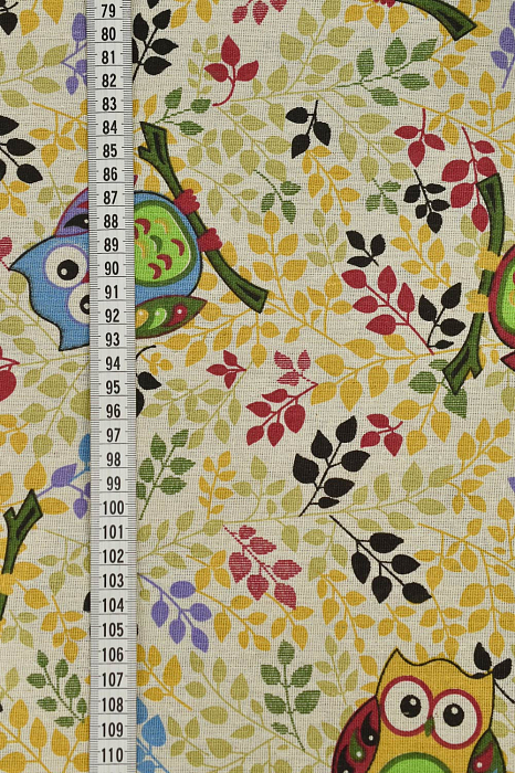 Ткань лен домашний текстиль разноцветные, детская тематика совы, ALFA C (арт. 253529)