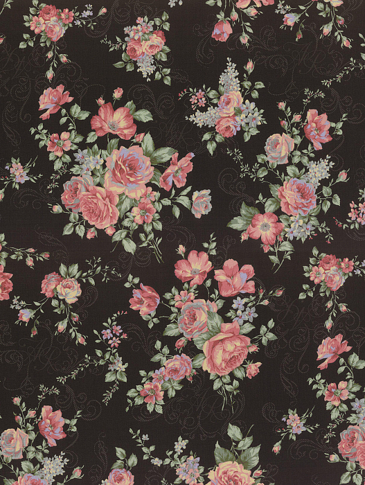 Ткань хлопок пэчворк зеленый розовый коричневый, цветы завитки розы, Lecien (арт. 231704)