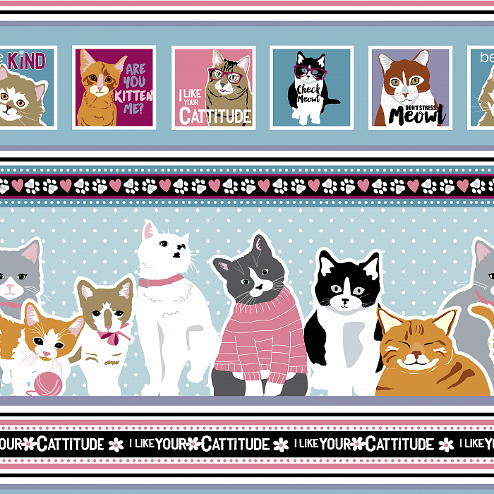 Ткань хлопок пэчворк разноцветные голубой, животные коты и кошки, Studio E (арт. 237215)