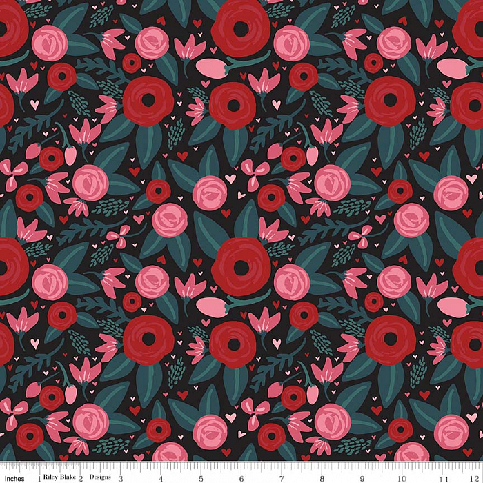 Ткань хлопок пэчворк красный розовый болотный, цветы, Riley Blake (арт. C7621-BLACK)
