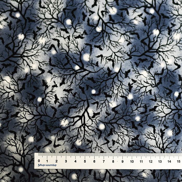 Ткань хлопок пэчворк серый, птицы и бабочки хеллоуин, Studio E (арт. 5724-79)
