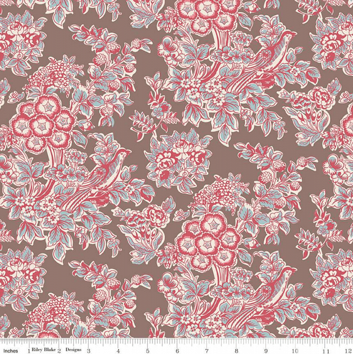 Ткань хлопок пэчворк коричневый, птицы и бабочки цветы природа флора, Riley Blake (арт. C10015-PENELOPE)