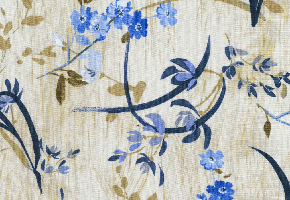 Ткань хлопок пэчворк бежевый голубой, цветы завитки, Timeless Treasures (арт. BLUE-C6371 NATURAL)