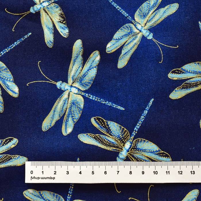 Ткань хлопок пэчворк синий золото голубой, птицы и бабочки металлик, Benartex (арт. 9752M-55)